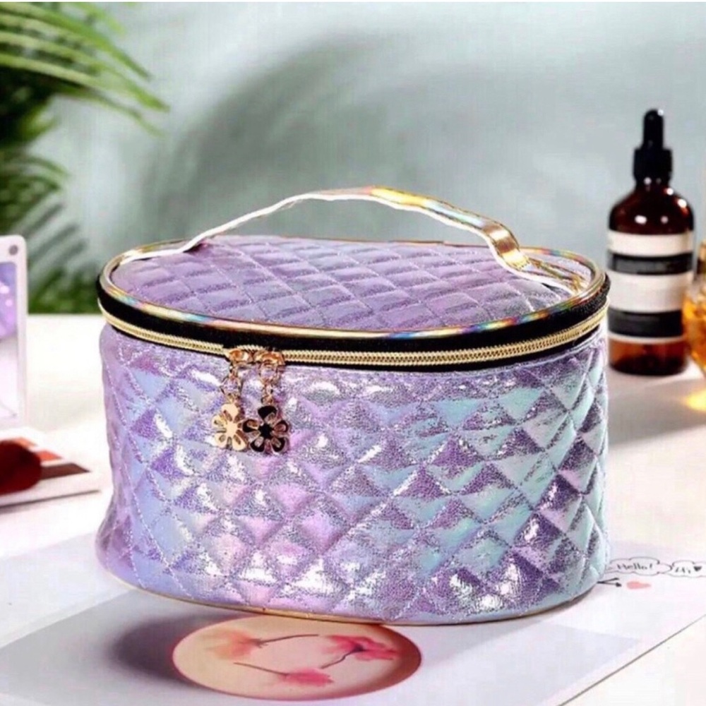 Iridescent Purple Quilted Cosmetic Bag with Handle